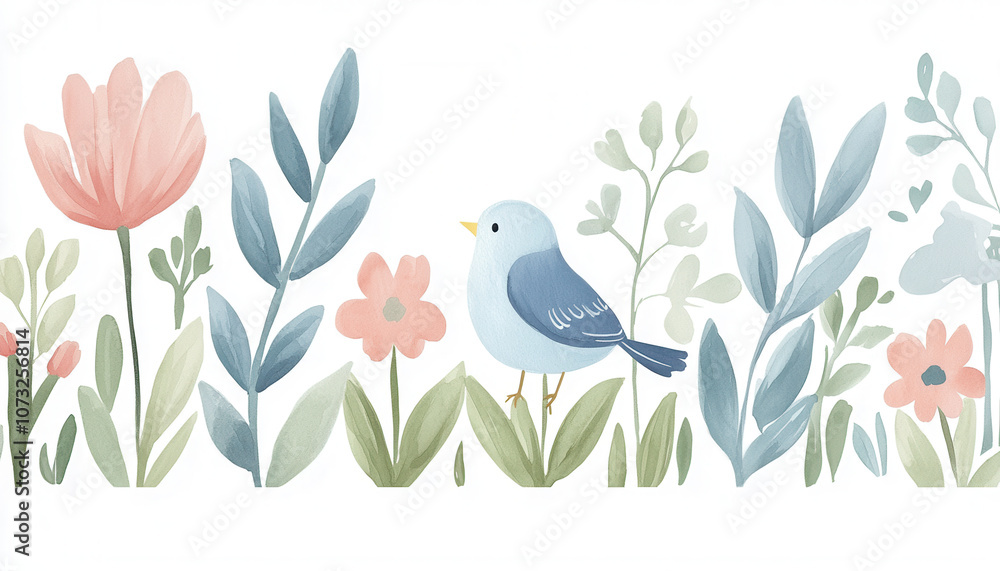 Naklejka premium A charming illustration of a blue bird surrounded by colorful flowers and green foliage, creating a serene and cheerful nature scene.