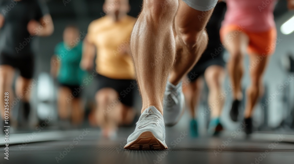 Fototapeta premium A diverse group of people energetically exercising on treadmills in a gym, highlighting teamwork, motivation, and an active lifestyle in a modern fitness facility.
