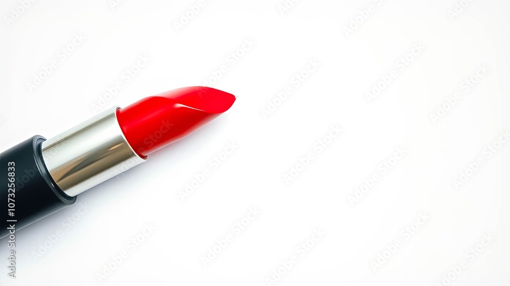 Obraz premium A single red lipstick with a black base on a white background with copy space