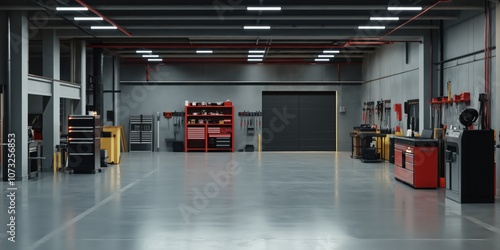 Interior of a modern empty garage with equipment and working tools 