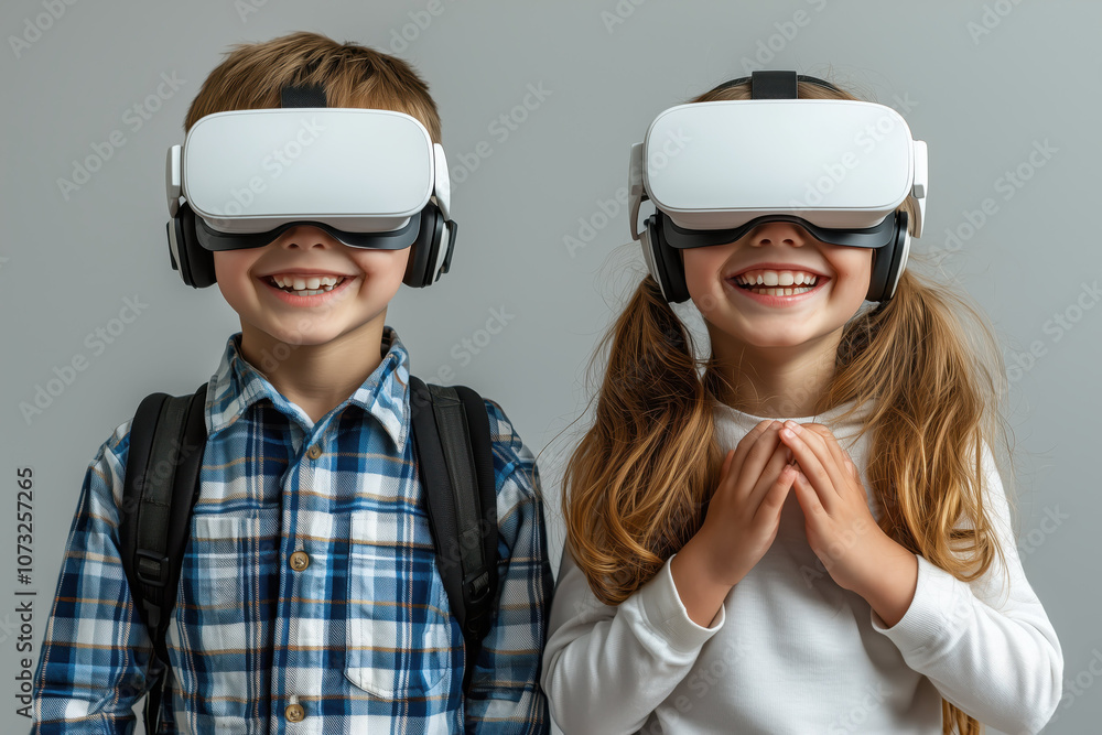 Kids using VR headsets in a modern, stylish room. Kids using VR headsets in a modern, stylish room.