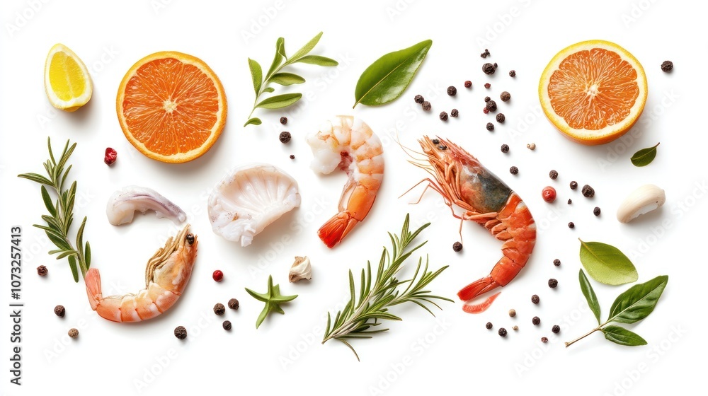 A fresh variety of seafood ingredients, isolated on white, ready for cooking A fresh variety of seafood ingredients, isolated on white, ready for cooking
