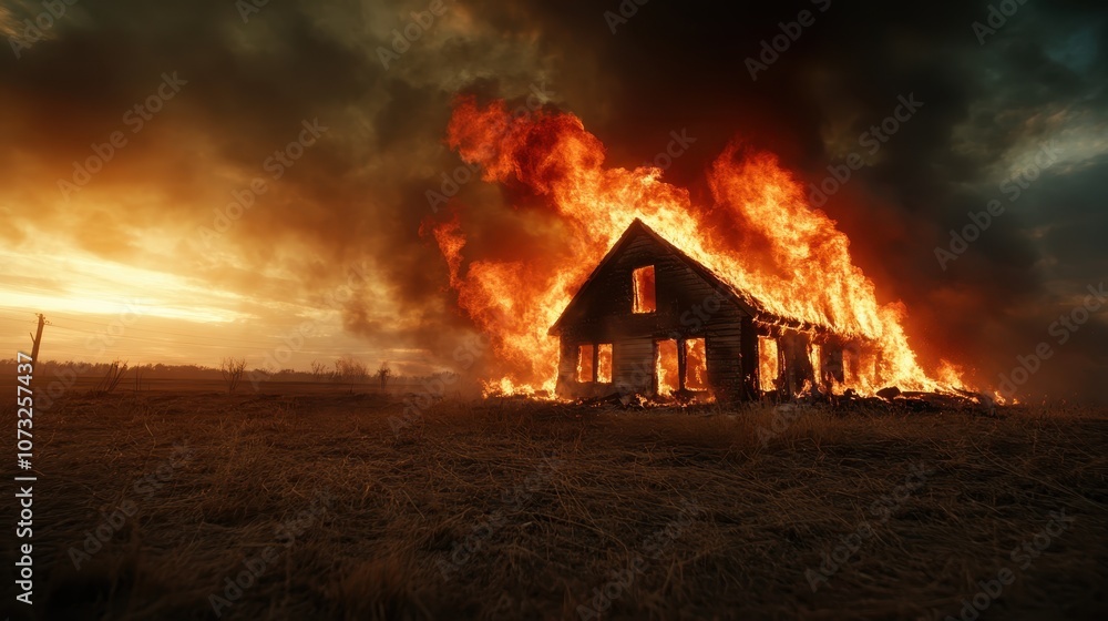 Raging fire consumes a solitary wooden house in an open field, casting a fiery glow across the landscape, symbolizing intense conflict and emotional upheaval.