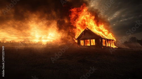 Flames engulf a wooden house amidst an open field, as the dramatic sky reflects the fiery glow, conveying feelings of devastation and intense solitude.