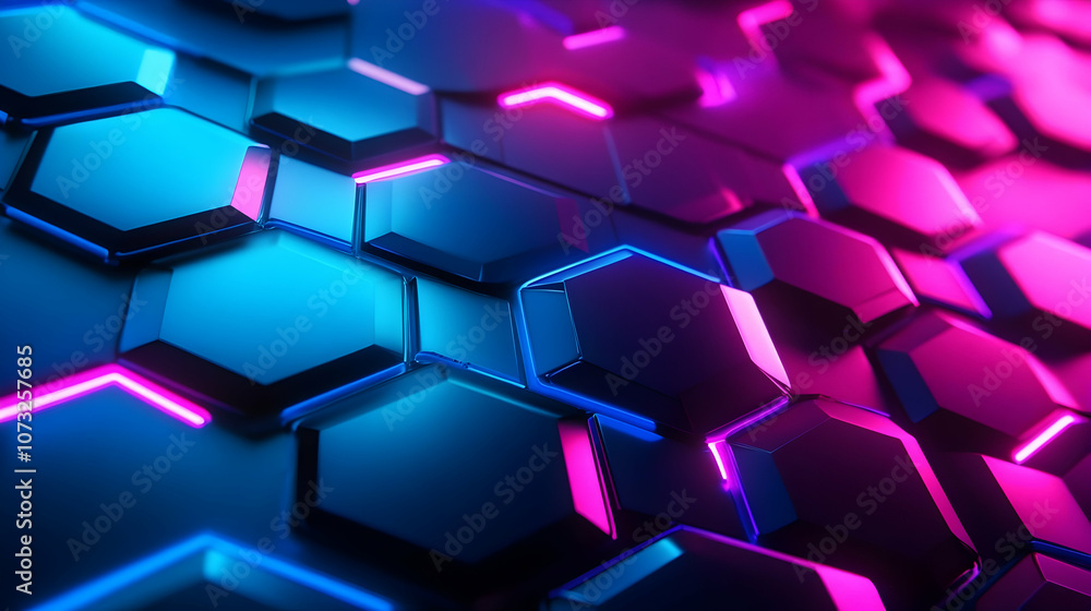 A close-up of blue and pink illuminated hexagonal patterns, creating a futuristic digital effect A close-up of blue and pink illuminated hexagonal patterns, creating a futuristic digital effect