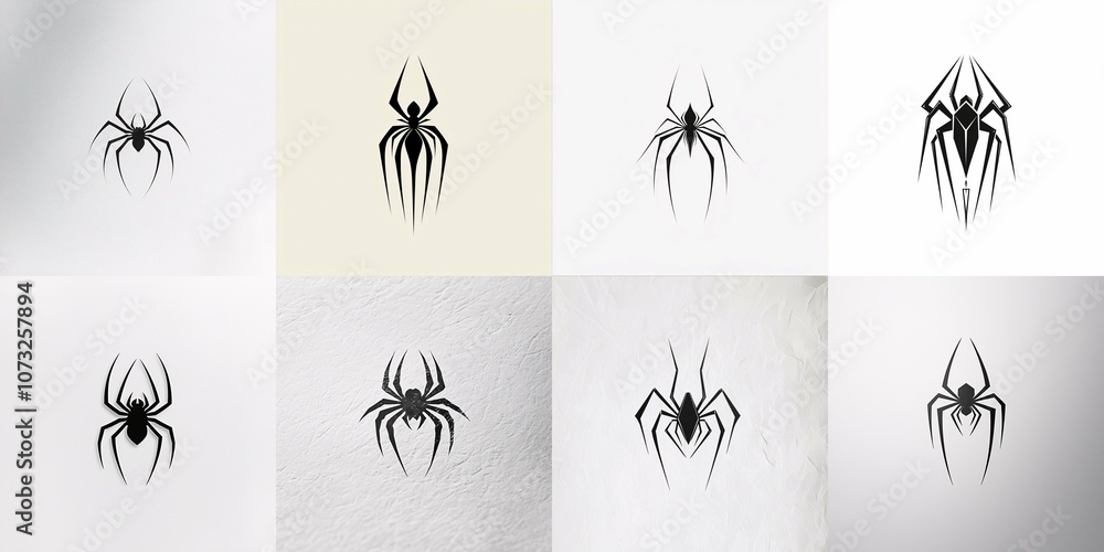 Stylized black-and-white spider logo design featuring a minimalistic geometric body and elongated legs on a crisp background. Stylized black-and-white spider logo design featuring a minimalistic geometric body and elongated legs on a crisp background.