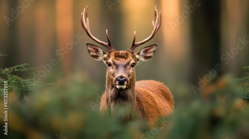 A graceful deer with delicate antlers stands motionless in a serene forest setting at dusk, embodying tranquility, harmony, and the beauty of nature's twilight. photo