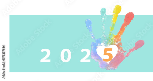 Positive 2025 logo with rainbow handprint and heart for greeting card and valentine.