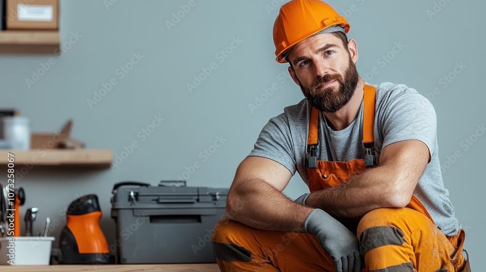 A bearded man in orange construction gear sits beside a toolbox, showcasing his readiness and professionalism in handling tools and tasks at a worksite. A bearded man in orange construction gear sits beside a toolbox, showcasing his readiness and professionalism in handling tools and tasks at a worksite.