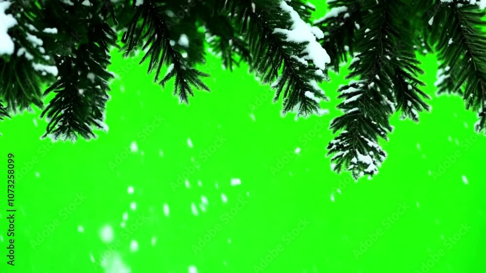 Snowflakes and fir tree branches covered with snow on frame with green screen background. Winter Holiday,Christmas background isolated on green chroma key background matte, alpha channel. 4k video Snowflakes and fir tree branches covered with snow on frame with green screen background. Winter Holiday,Christmas background isolated on green chroma key background matte, alpha channel. 4k video