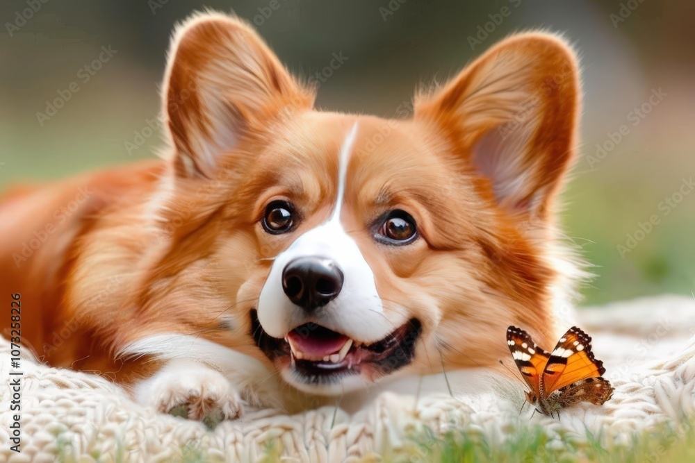 A dog is laying on a blanket next to a butterfly A dog is laying on a blanket next to a butterfly