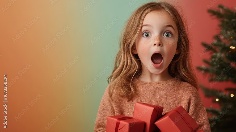 A young girl with an expression of surprise and joy, clutching Christmas gifts by a decorated tree, perfectly capturing the magic and wonder of the holiday season. A young girl with an expression of surprise and joy, clutching Christmas gifts by a decorated tree, perfectly capturing the magic and wonder of the holiday season.