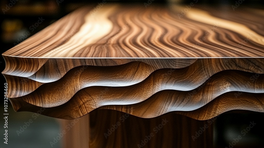 A close-up of a beautifully crafted wooden table showcasing intricate wave-like patterns. A close-up of a beautifully crafted wooden table showcasing intricate wave-like patterns.