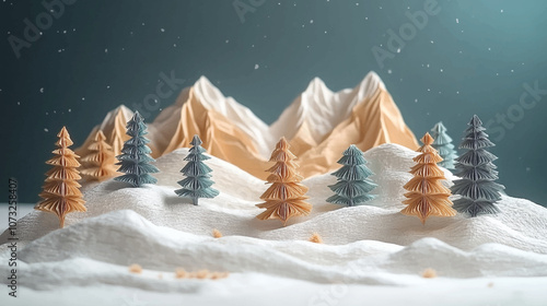 Winter landscape scenery poster paper cut style. Vector illustration. Merry Christmas scene poster, pine tree, snowy mountain, snowdrift. Happy New year 2025 papercut concept, header banner.