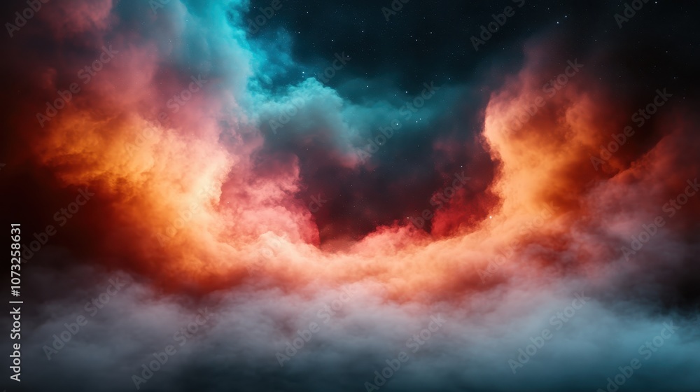 An awe-inspiring visual capturing a majestic celestial storm with dramatic cloud formations, painted with vibrant colors of red and blue against the dark sky. An awe-inspiring visual capturing a majestic celestial storm with dramatic cloud formations, painted with vibrant colors of red and blue against the dark sky.