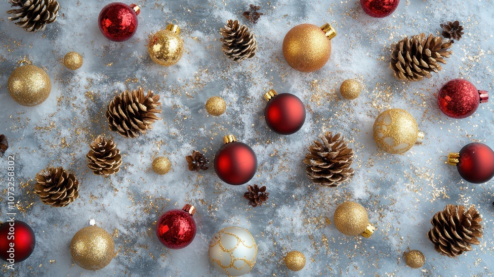 Christmas ornaments in red and gold, scattered on a sparkling white surface with pine cones Christmas ornaments in red and gold, scattered on a sparkling white surface with pine cones