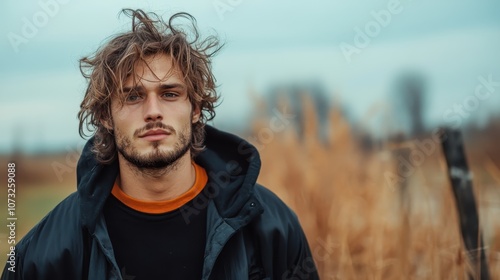 A young man with tousled hair and a slight beard stands in a field of tall grass, wearing a black jacket over an orange shirt, exuding a sense of determination.