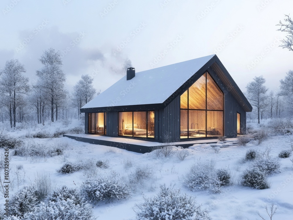 Modern Cabin with Large Windows in a Snowy Forest Modern Cabin with Large Windows in a Snowy Forest