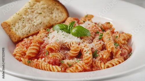 Plate of Pasta with Tomato Sauce and Fresh Basil: Professional Food Photography with Garlic Bread and Parmesan on a White Plate, Clean Studio Composition and Sharp Focus.