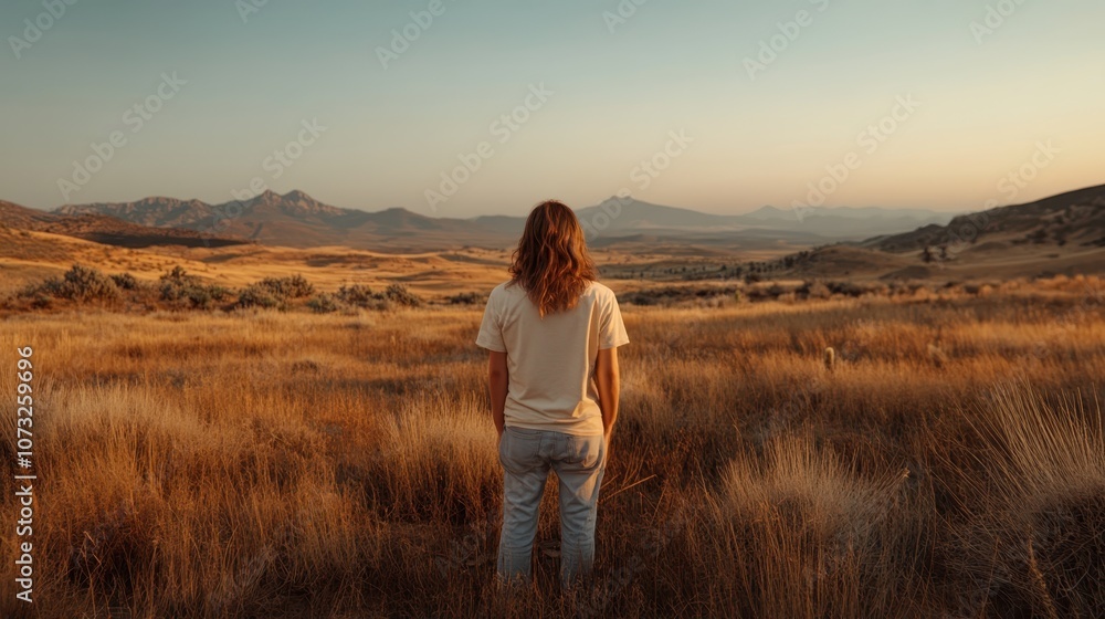A person stands facing away, embracing solitude amidst a vast, golden desert landscape with rolling hills and a mesmerizing sunset, exemplifying tranquility and freedom. A person stands facing away, embracing solitude amidst a vast, golden desert landscape with rolling hills and a mesmerizing sunset, exemplifying tranquility and freedom.