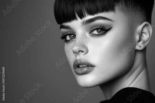 The woman gazes intensely with bold makeup, featuring defined eyes and glossy lips. Her contemporary bob haircut complements her confident expression