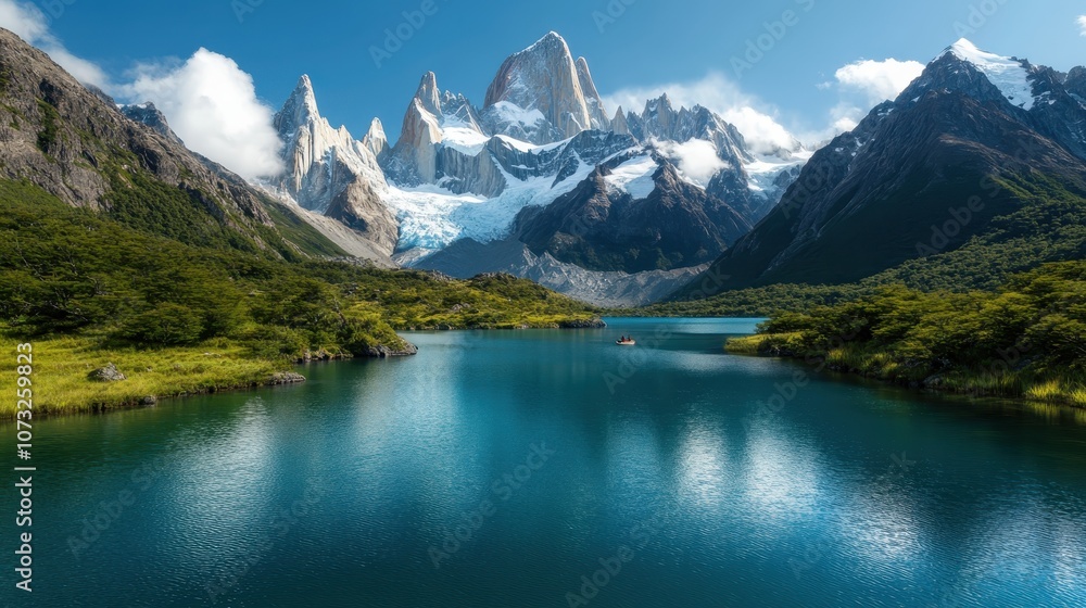 This stunning image depicts a serene mountain lake surrounded by towering, snow-capped peaks under a clear blue sky, showcasing nature's pristine beauty and tranquility. This stunning image depicts a serene mountain lake surrounded by towering, snow-capped peaks under a clear blue sky, showcasing nature's pristine beauty and tranquility.