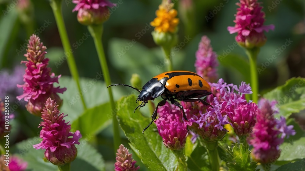 In Bloom: Cosnard's Net-Winged Beetle Among Colorful Petals In Bloom: Cosnard's Net-Winged Beetle Among Colorful Petals