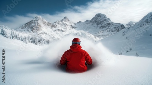 A lone skier in a vibrant red jacket takes in the expansive snowy mountain landscape, a pristine environment of untouched snow under a clear, crisp blue sky. photo