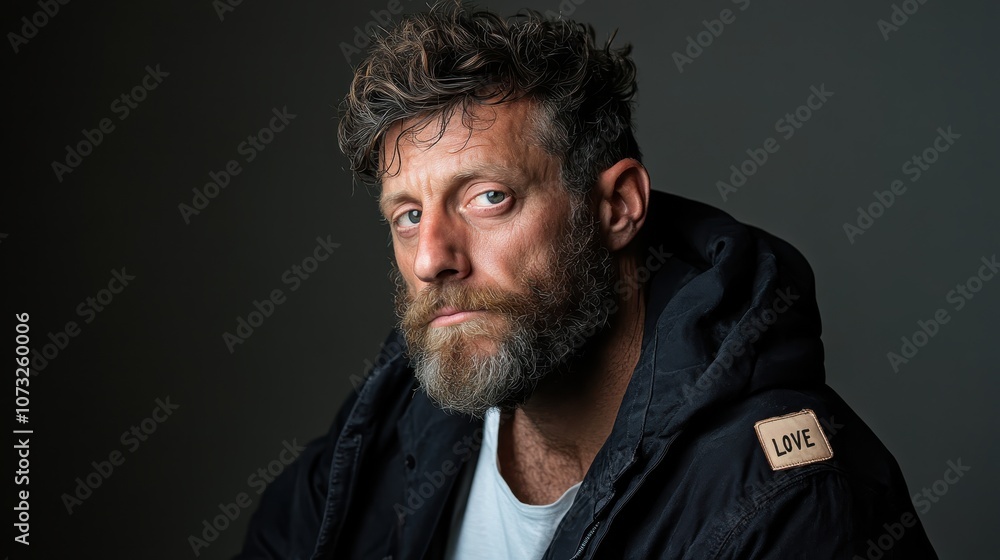 The photograph depicts a bearded man gazing pensively in a casual indoor setting, capturing a feeling of introspection and deep emotional thought. The photograph depicts a bearded man gazing pensively in a casual indoor setting, capturing a feeling of introspection and deep emotional thought.