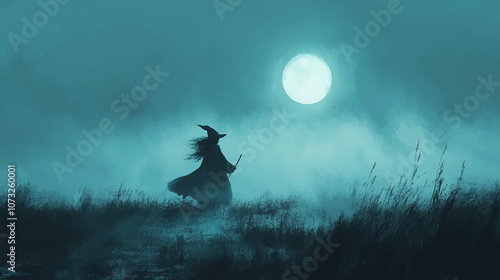Creepy on a foggy night with the light of a full moon the witch is flying to cast a spell in graphic vector illustration.