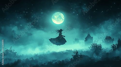 Creepy on a foggy night with the light of a full moon the witch is flying to cast a spell in graphic vector illustration.