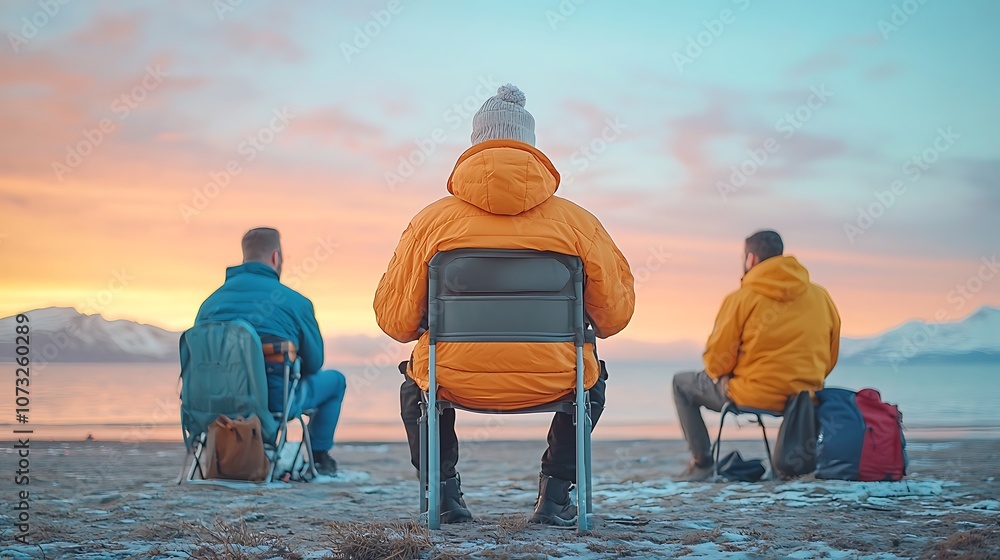 Fototapeta premium Capture tranquil moments three friends enjoy a sunset by the beach on their camping chairs