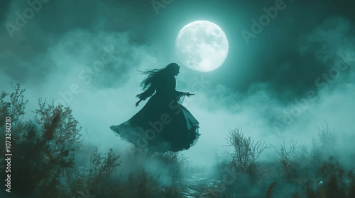 Creepy on a foggy night with the light of a full moon the witch is flying to cast a spell in graphic vector illustration.