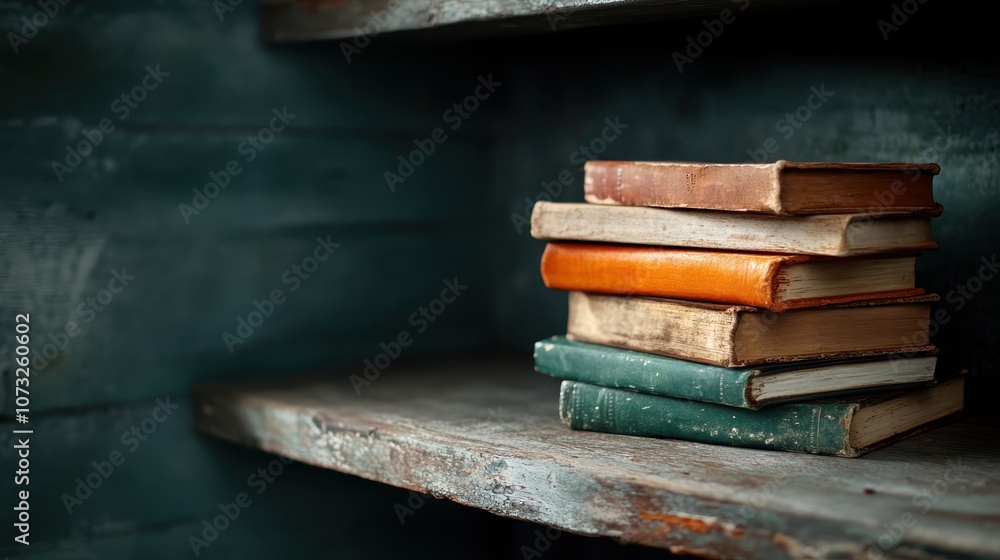 Aesthetic image of stacked itions, bound in well-preserved vintage style, set against a rustic wooden shelf background, evoking a sense of nostalgia and history. Aesthetic image of stacked itions, bound in well-preserved vintage style, set against a rustic wooden shelf background, evoking a sense of nostalgia and history.