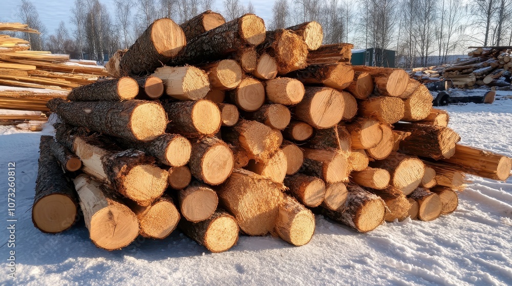 A pile of neatly stacked logs outdoors, dusted with snow under bright sunlight, showcasing the industriousness and organization of winter timber preparation.