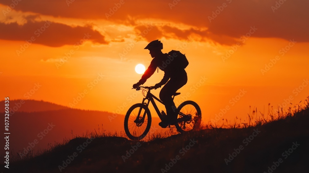 Dramatic silhouette of a mountain biker at sunset on a ridge, orange sky, capturing motion and adventure Dramatic silhouette of a mountain biker at sunset on a ridge, orange sky, capturing motion and adventure
