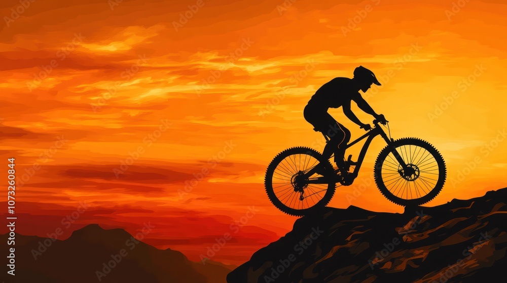 Obraz premium Dramatic silhouette of a mountain biker at sunset on a ridge, orange sky, capturing motion and adventure
