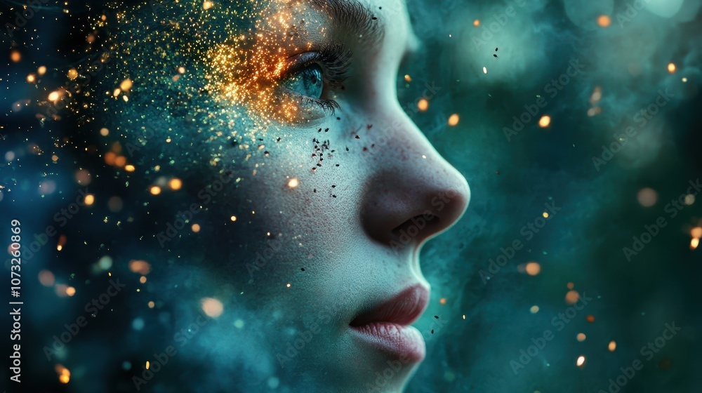A close-up of a person's face partially covered in glowing sparkles, creating a mystical and vibrant atmosphere full of dynamic energy and wonder. A close-up of a person's face partially covered in glowing sparkles, creating a mystical and vibrant atmosphere full of dynamic energy and wonder.