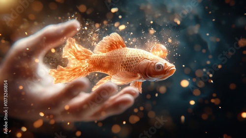 An intriguing goldfish, encapsulated in a vibrant cascade of light and sparkle, creates a striking underwater fantasy scene full of energy and life. photo