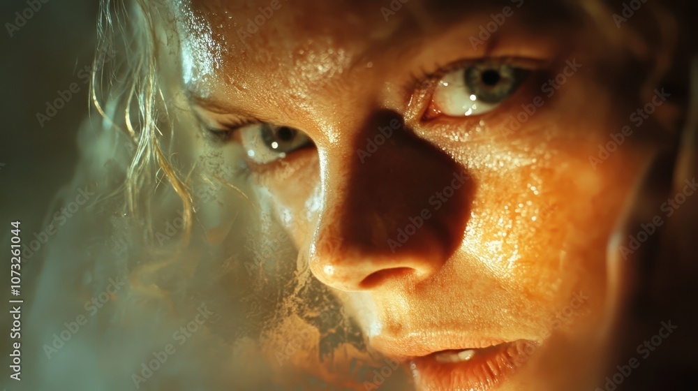 A close-up view of an intense face covered with sweat and surrounded by steam, capturing a moment of focus and determination in a challenging environment. A close-up view of an intense face covered with sweat and surrounded by steam, capturing a moment of focus and determination in a challenging environment.