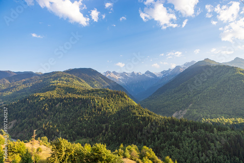 Obraz na płótnie Beautiful Svaneti landscape with forest and mountains near Mestia in Summer. Upper Svaneti region, Georgia. w salonie