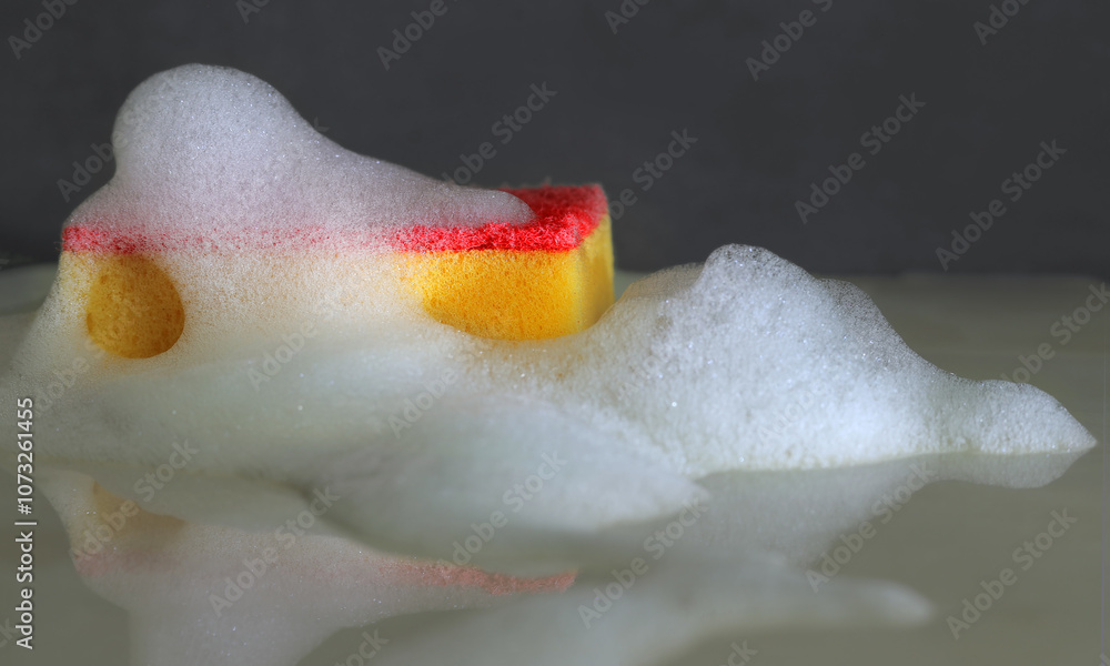 Fototapeta premium Red dishwashing sponge in soap suds and bubbles for cleaning and washing design
