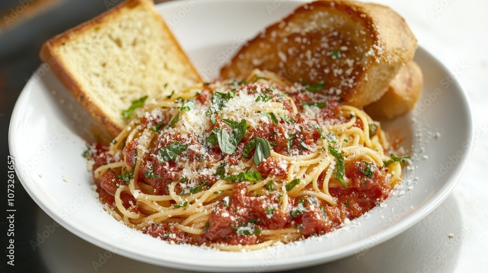 Plate of Pasta with Tomato Sauce and Fresh Basil: Professional Food Photography with Garlic Bread and Parmesan on a White Plate, Clean Studio Composition and Sharp Focus. Plate of Pasta with Tomato Sauce and Fresh Basil: Professional Food Photography with Garlic Bread and Parmesan on a White Plate, Clean Studio Composition and Sharp Focus.