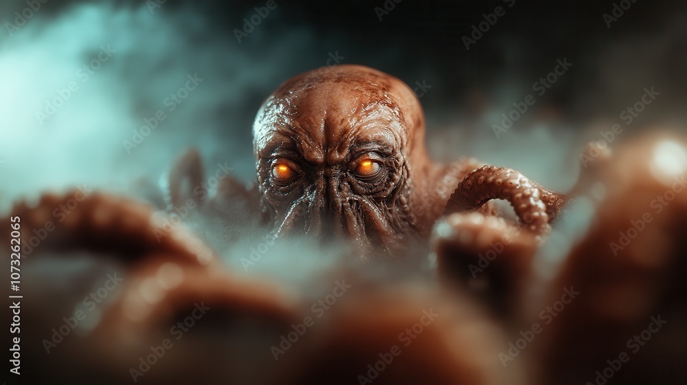 An eerie octopus with glowing eyes emerges from a thick mist, combining ...