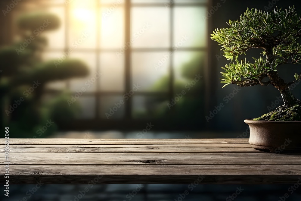 Fototapeta premium Rustic Oak Table with Blurred Background, Featuring Bonsai Plant in Warm Light, Ideal for Natural and Cozy Interior Home Decor