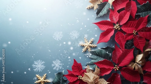 Festive decor with red poinsettias, gold accents, and snowflakes on a smooth background photo