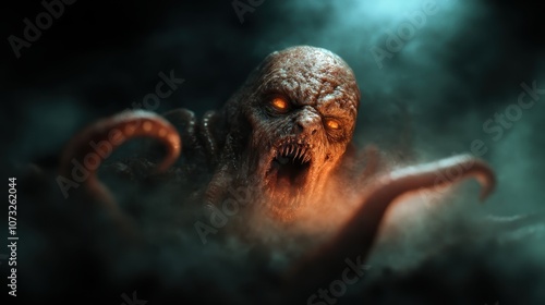 A terrifying creature with glowing orange eyes and tentacles emerges menacingly from the shadows surrounded by dense mist, invoking fear and mystery. photo