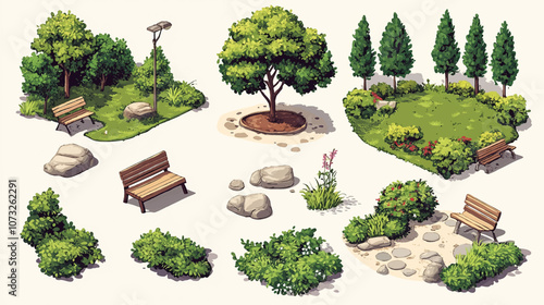 Isometric 3d illustration park trees forest nature elements flat design background for landscape design. Vector isolated for a city map, games, and your town.