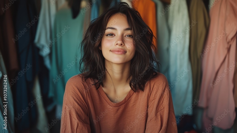 A young brunette woman appears content and at ease, dressed in casual orange apparel, highlighting simplicity, modern style, and intimate atmosphere within. A young brunette woman appears content and at ease, dressed in casual orange apparel, highlighting simplicity, modern style, and intimate atmosphere within.