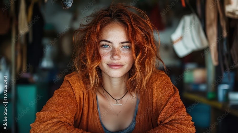 A woman with vivid red hair and freckles beams warmly, sitting comfortably in a lively setting, reflecting warmth, natural beauty, and cheerful simplicity. A woman with vivid red hair and freckles beams warmly, sitting comfortably in a lively setting, reflecting warmth, natural beauty, and cheerful simplicity.